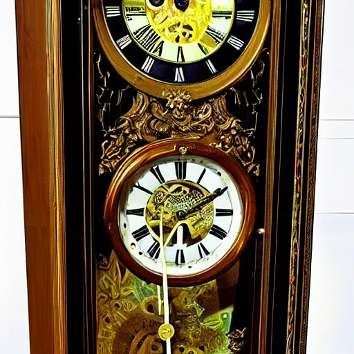 Prompt: a psychedelic grandfather clock, photo, highly detailed