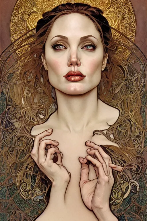 Prompt: realistic detailed face portrait of young Angelina Jolie as Salome by Alphonse Mucha, Ayami Kojima, Amano, Charlie Bowater, Karol Bak, Greg Hildebrandt, Jean Delville, and Mark Brooks, Art Nouveau, Neo-Gothic, Surreality, gothic, rich deep moody colors