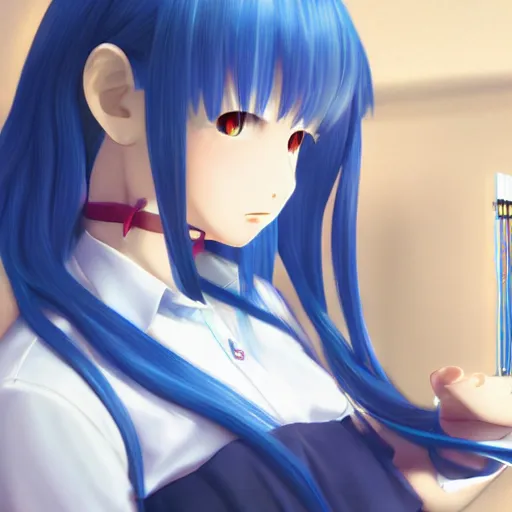 Image similar to a girl with long blue hair wearing a school uniform, computer graphics by Miyazaki, featured on pixiv, holography, official art, full body, 3d