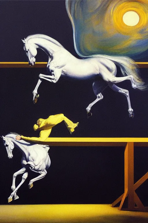 Image similar to horse levitates over an astronaut, hauntingly surreal, highly detailed painting by francis bacon, edward hopper, adrian ghenie, gerhard richter, and james jean soft light 4 k,