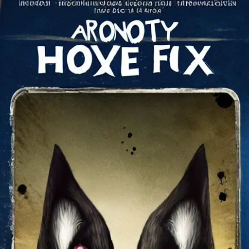 Image similar to blu-ray movie box cover for a horror film featuring an anthropomorphic black foxes dressed in casual clothing