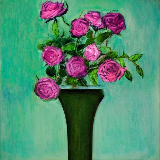 Image similar to abstract yet impressionistic painting of a green marble vase with dying pink roses inside against a green background