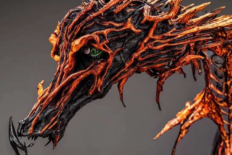 Image similar to photo taken of an epic intricate, ultra detailed, super realistic sculpture of a fiery nightmarish hellish demonic hooded grim reaper's death horse animatronic on display in a workshop, created by weta workshop, zoomed in shots, photorealistic, sharp focus, f 0. 4, face centred, macro photography, golden ratio, golden hour