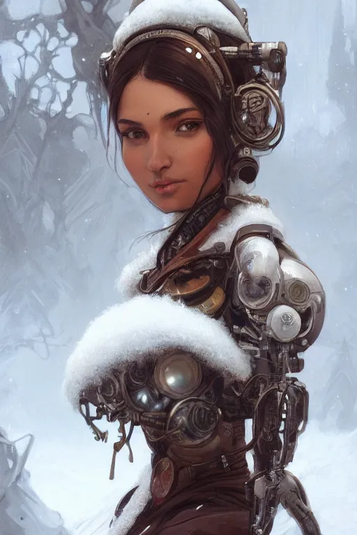 Prompt: ultra realistic illustration, snowy, beautiful brown woman, hacknaut cyberpunk, sci - fi, fantasy, intricate, elegant, highly detailed, digital painting, artstation, concept art, smooth, sharp focus, illustration, art by artgerm and greg rutkowski and alphonse mucha