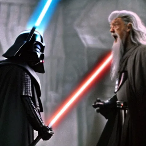 Prompt: gandalf fighting darth vader,