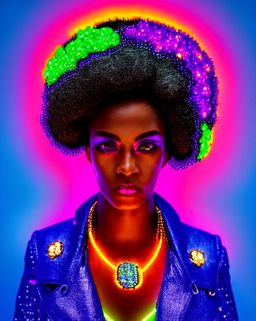 Image similar to afro futuristic portrait of a black woman. vivid neon lighting, colors. fashionable jacket, necklace. cyberpunk style, wearing a crown of blue crystals and diamond studs in the cosmos by manzel bowman