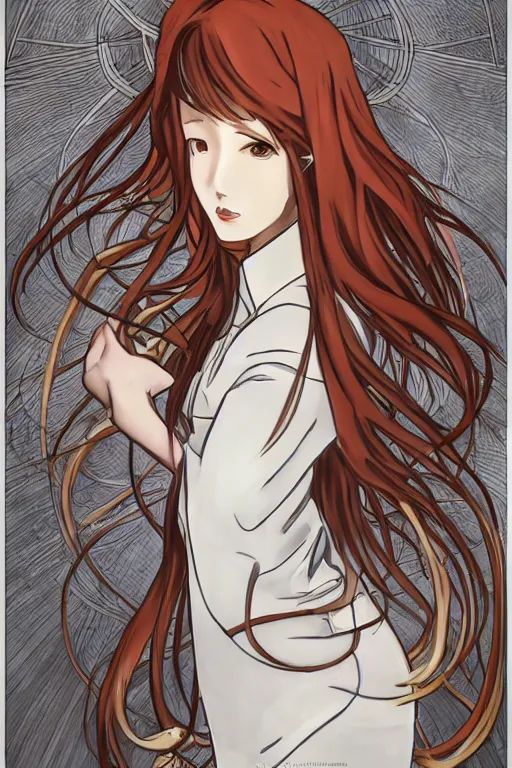 Image similar to Kurisu Makise in long lab coat tonemapped in the style of Ayami Kojima and Alphonse Mucha