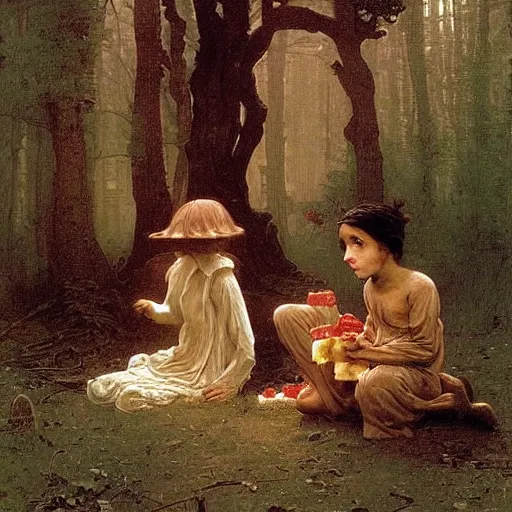 Image similar to an eerie, realistic illustration of a full-sized witch\'s gingerbread house covered in candy in the middle of dark and twisted woods, being visited by a poor waif brother and sister eating the candy, by Bouguereau, John William Waterhouse and Thomas Kincade