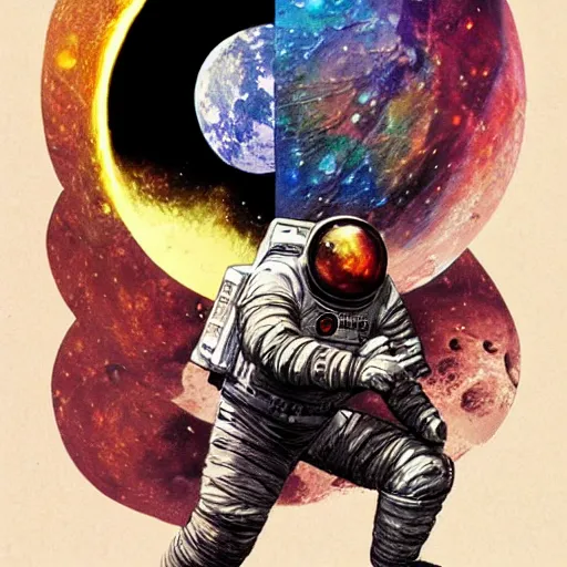 Image similar to an album cover of a man on the moon by Bill Sienkiewicz, afrofuturism, space art, cosmic horror, concept art, apocalypse art, Behance contest winner, featured on CG Society