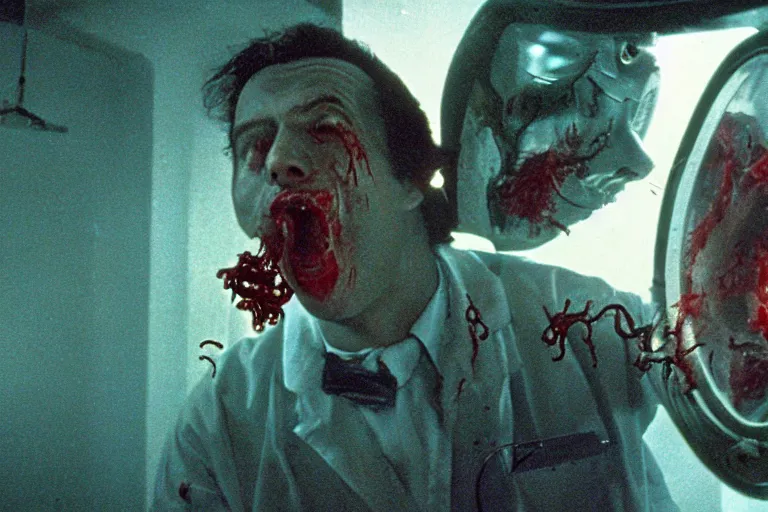 Prompt: filmic wide shot dutch angle movie still 35mm film color photograph of a doctor getting his face torn off and mutilated by a dangerous spined bundle of alien worms coming from off camera, blood flying in the air, in the style of a 1982 horror film