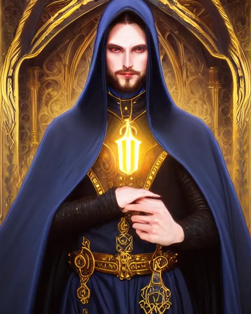 Prompt: handsome mage in front of a giant tellurion, long black hair blue eyes wearing leather mantle gothic navy cloak with gold details, castle town, fantasy character portrait, ultra realistic, intricate, elegant, highly detailed, digital painting, artstation, smooth, sharp, focus, illustration, art by artgerm and greg rutkowski and alphonse mucha