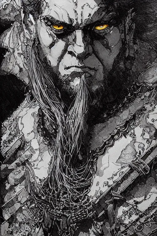 Prompt: Portrait of male dnd barbarian, pen and ink, intricate line drawings, by John Harris, Emil Melmoth, Craig Mullins, yoji shinkawa , artstation, moebius comic, Marc Simonetti, Ian McQue, Kentaro Miura, hyper detailed, cinematic