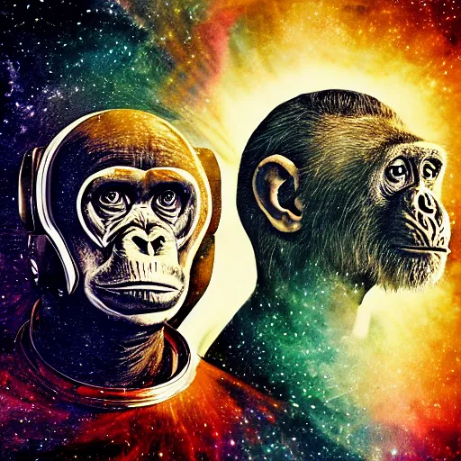 Image similar to double exposure portrait of astronaut and a chimpanzee astronaut with space and time in the the background by davinci, circles, psychedelic, pencil art, high definition, dynamic lighting stars, sharpness, spirals, golden ratio