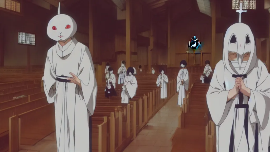 Image similar to a man wearing priest clothes and a white rabbit mask standing in an Japanese church, anime film still from the an anime directed by Katsuhiro Otomo with art direction by Salvador Dalí, wide lens