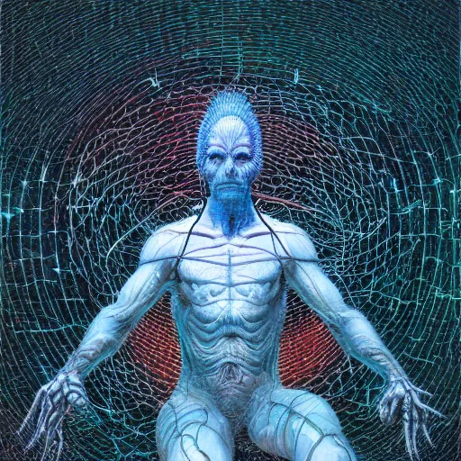 Prompt: an exhausted deity, contemplating existence, beyond the known universe, fine art, bokeh, omnidimensional, ocd, electroluminescent wire by wayne barlowe + jack davis