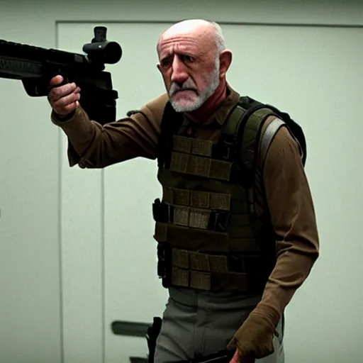 Image similar to Film Still of Mike Ehrmantraut carrying a sniper rifle and wearing a bulletproof vest, 4k, highly detailed