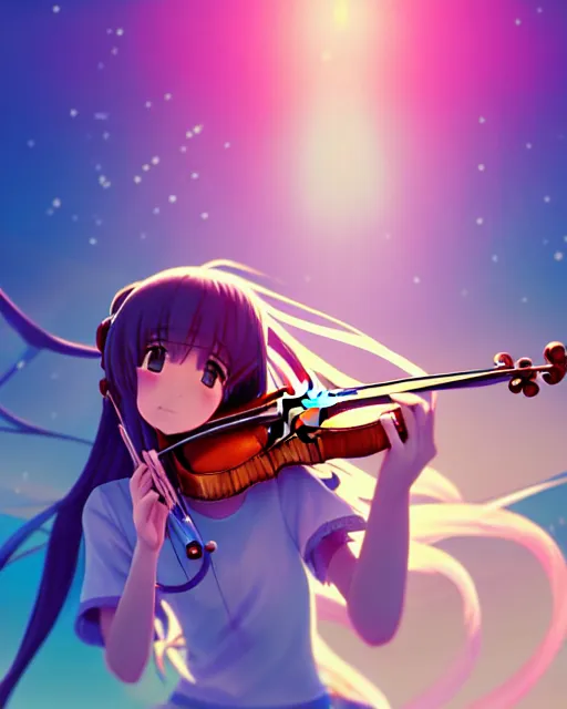 Prompt: anime style, vivid, colorful, full body, a cute girl with white skin and long pink wavy hair holding a violin and playing a song, heavenly, stunning, realistic light and shadow effects, happy, centered, landscape shot, happy, simple background, studio ghibly makoto shinkai yuji yamaguchi