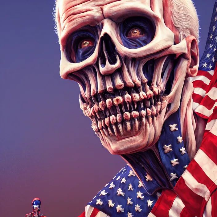 Image similar to PATRIOTIC portrait of joe biden as skeleton. burning distortions. intricate abstract. intricate artwork. by Tooth Wu, wlop, beeple, dan mumford. octane render, trending on artstation, greg rutkowski very coherent symmetrical artwork. cinematic, hyper realism, high detail, octane render, 8k, iridescent accents