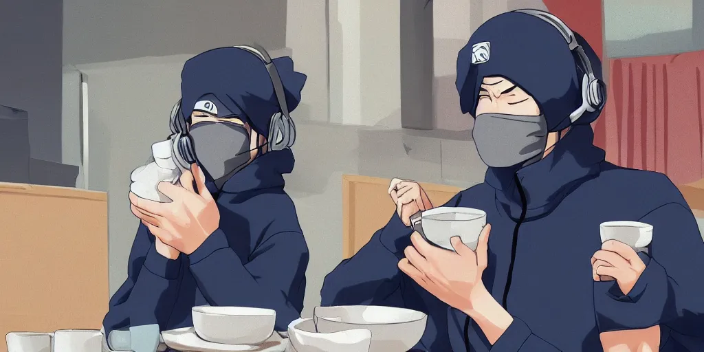 Prompt: kakashi hatake wearing headphones and a navy blue hoody having tea at a tea shop in toyko, aesthetic, digital painting, artstation, highly detailed, 4 k