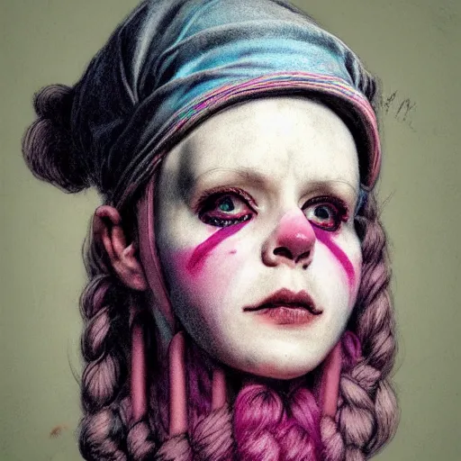 Prompt: clowncore pastel punk young hospital nurse wearing stylish head - wear. detailed, portrait, 8 k, artwork by jean - baptiste monge