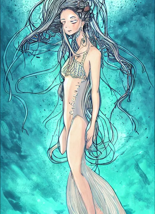 Prompt: long dress underwater in the sea, art by ex machina,