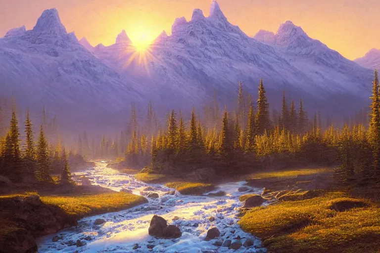 Image similar to an epic landscape painting of the three sisters mountains in canada, with snow on its peak, at sunrise in springtime, with a small river in the foreground, painted by x, atmospheric, volumetric lighting, rolling fog, breathtaking, highly detailed, painted by ted nasmith