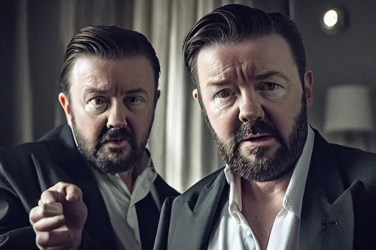 Prompt: an 8 5 mm portrait of ricky gervais as a 1 7 0 0's gangster by gustave baumann and aron demetz, beautiful lighting, dramatic, noise, film