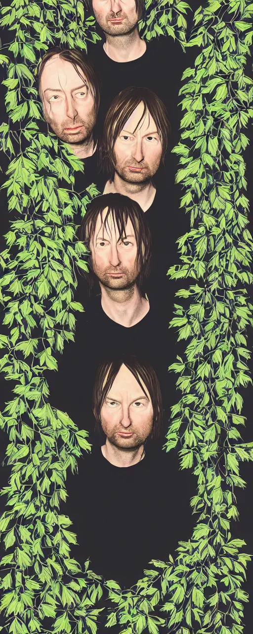 Image similar to disco diffusion portrait of Radiohead, hiding in the bushes looking shifty