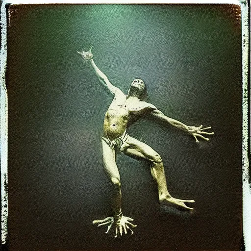 Image similar to semi translucent frog hovering over misty water in Jesus Christ pose, polaroid photography by Andrei Tarkovsky, paranormal, spiritual, mystical