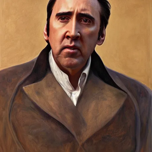 Image similar to Nicolas Cage as an Android, oil on canvas, golden hour, in the world of Andrew Wyeth, artstation, by J. C. Leyendecker and Peter Paul Rubens,