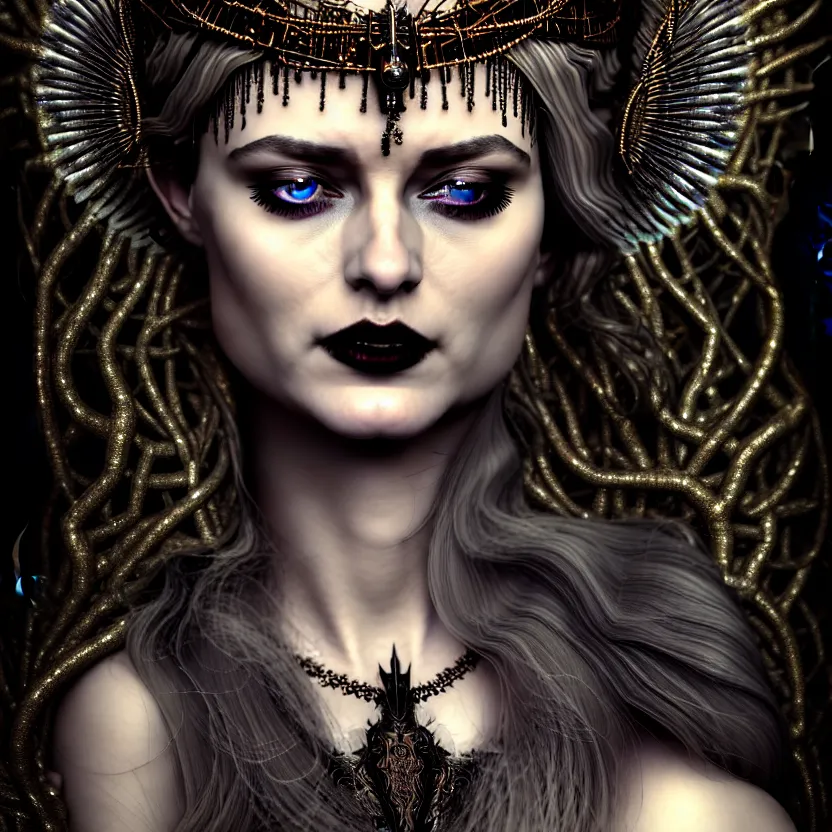 Prompt: mindblowing portrait of the enchantress queen, a stunning timeless beauty, breathtaking eyes, perfect skin, feathered eyelashes, royal gothic dress with a lot of leather, heavy silent hill aesthetic, incredibly intricate, digital art, blender, houdini & photoshop, very elegant & complex, hyper-maximalist, overdetailed, epic cinematic quality, biblical art lighting, photorealistic, lifelike, OLED, DSLR HDR 8k, face is the focus, facial feature symmetry, hyper composed, created by Nixeu & z--ed from deviantart