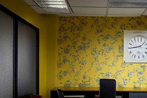 Image similar to an endless office space with old yellow wallpaper from the 1970s lit by fluorescent lights with no windows