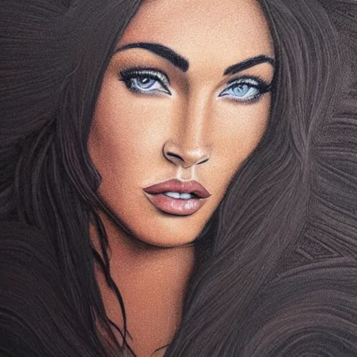 Image similar to “Megan Fox sand paintings, ultra detailed portrait, 4k resolution”