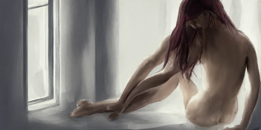 Prompt: the girl on a windowsill. symmetry. accurate anatomy. elegant. concept art. full - body portrait