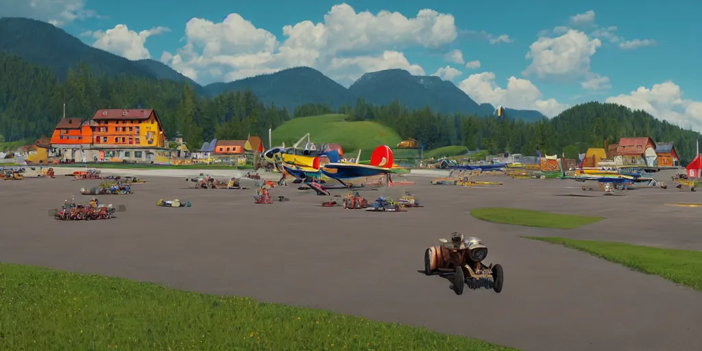 Image similar to a ultra photorealistic and sharp film still of an a sunny and colourful airfield in 1 9 1 6 in the middle of the bavarian alps, germany. parking and flying airplanes, wide shot, frog perspective, wes anderson, studio ghibli, pixar and disney animation, octane render, anime key art by greg rutkowski, dramatic lighting, award winning photography