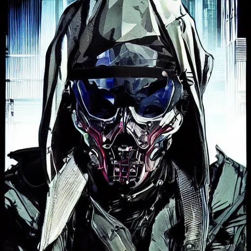 Image similar to futuristic cyberpunk traveler skull wearing black hood looking down by Yoji Shinkawa