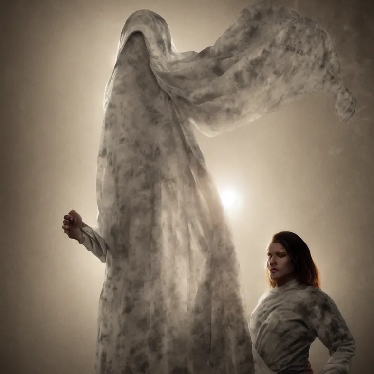 Image similar to octane render portrait by wayne barlow and carlo crivelli and glenn fabry, a woman wearing a skintight tie - dye bedsheet ghost costume, backlit, inside a futuristic beautiful mansion, dramatic lighting, fog and mist, cinema 4 d, ray traced lighting, very short depth of field, bokeh