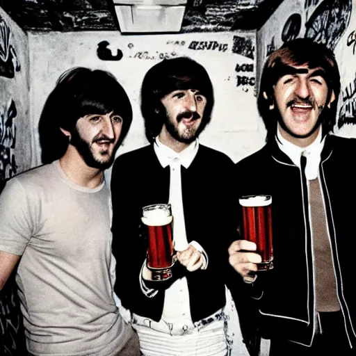 Image similar to The four Beatles drink beer in a 1980s underground club, graffiti on the walls, photo by annie leibovitz, shot on a Mamiya RZ67, 4k