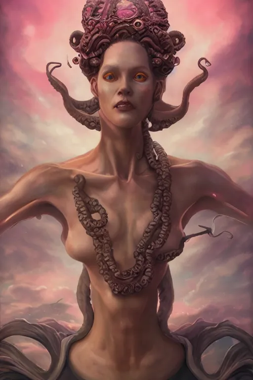 Image similar to digital portrait of an eloquent alien kraken queen, straight on, full body character concept art, concept art, by artgerm, tom bagshaw, gerald brom, vaporwave colors, lo fi colors, vaporwave, lo fi, 4 k, hd, rendered with substance designer, small details,