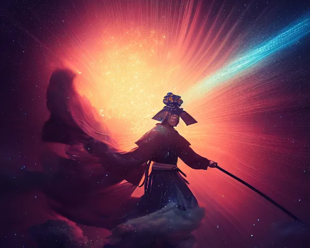 Image similar to a graceful samurai made of a illuminated star chart running through a space nebula by greg rutkowski, high key lighting, volumetric light, digital art, highly detailed, fine detail, intricate, ornate, complex, octane render, unreal engine, photorealistic