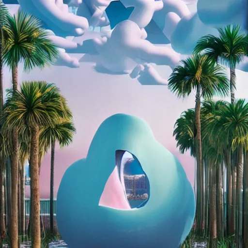 Image similar to hyperrealistic geometric objects in a surreal minimalistic 8 0's dreamscape environment by salvador dali, enormous emoji, highly detailed, 3 d render, octane, beautiful lighting, photorealistic, intricate, elegant, wayne barlowe, water, mirrors, pink doorway, beautiful, masterpiece, trending on artstation, palm tree