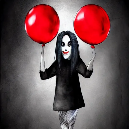 Prompt: surrealism grunge cartoon portrait sketch of billie eilish the slender man with a wide smile and a red balloon by - michael karcz, loony toons style, pennywise style, horror theme, detailed, elegant, intricate