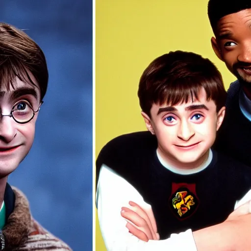 Prompt: Daniel Radcliffe as Harry Potter next to Will Smith in Fresh Prince of Bell Air