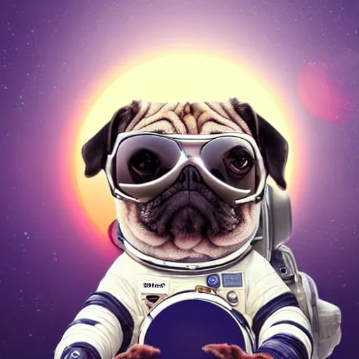 Image similar to hyper realistic, highly detailed, astronaut pug in space. solar eclipse in back.