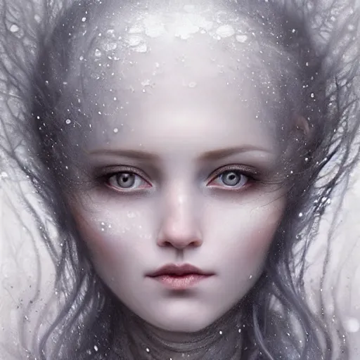 Prompt: Beautiful Delicate dark art Detailed full head portrait of snow woman, With Magical grey eyes by Tom Bagshaw, Bastien Lecouffe Deharme, Erik Johansson, Amanda Sage, Alex Grey, Alphonse Mucha, Harry Clarke, Josephine Wall and Pino Daeni, Delicate winter frozen creature With long white grey windy Hair and Magical Sparkling Eyes, Magic Particles; Magic Swirls, in a out of this world magical frozen landscape, 4K; 64 megapixels; 8K resolution concept art; detailed painting; digital illustration; hyperrealism; trending on Artstation; Unreal Engine Photorealistic, lifelike, Unreal Engine, sharp, sharpness, detailed, 8K