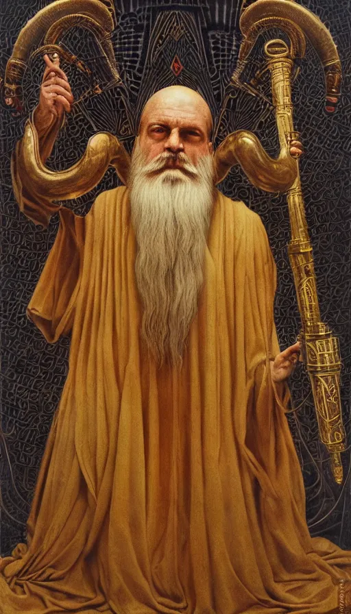 Prompt: the emperor, ram horns, taurus, mars energy, scepter in his hand, ankh, wisdom, long white beard, agostino arrivabene