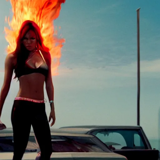 Image similar to movie still from the movie spring breakers (2012), rendering of a woman standing on top of a car holding a fire extinguisher, uhd, 8k, cinematic,