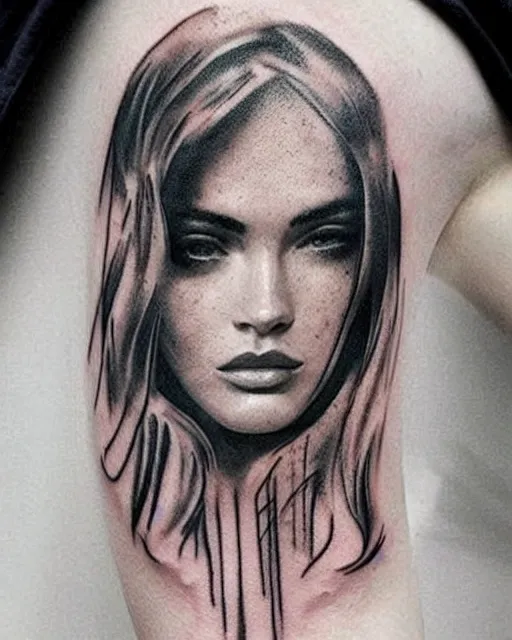 Image similar to creative double exposure effect tattoo design sketch of megan fox faded in beautiful mountain scenery, realism tattoo, in the style of matteo pasqualin, amazing detail, sharp