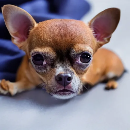 Prompt: A close-up photo of a hybrid between a chihuahua and a blueberry muffin face