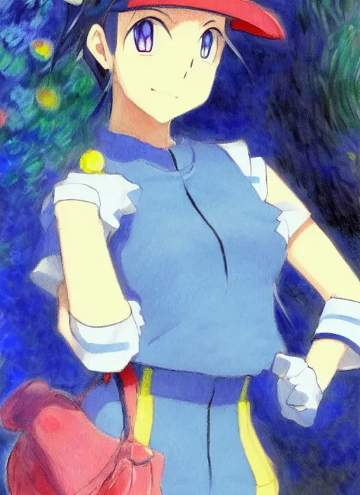 Image similar to a portrait of a female pokemon trainer, blue outfit, very anime in impressionist style, trending artwork, anime painter studio, by claude monet